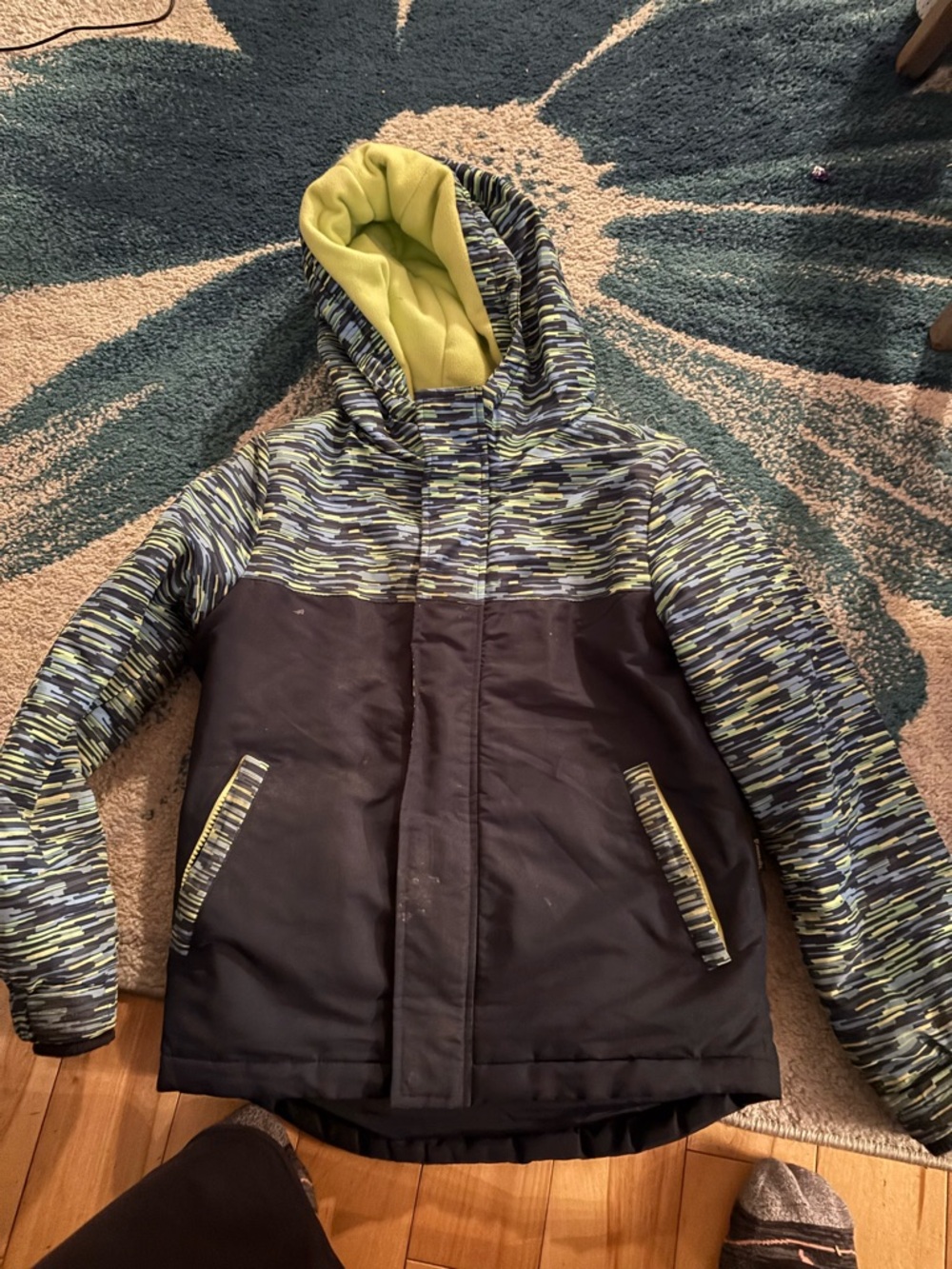 Joe Fresh Kids Hooded Puffer Jacket in Black and Lime